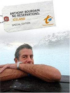 DVD cover, Anthony Bourdain's No Reservations: Iceland Special Edition, a wet Anthony Bourdain peering over his crossed arms from the edge of an Icelandic hot springs pool